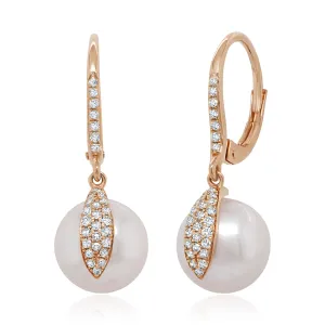 14K Rose Gold Cultured Freshwater Pearl Dangle Earrings with Diamonds