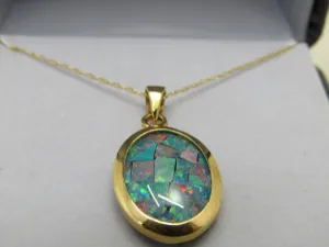 14kt Mosaic Opal Necklace, Onyx Background, 18", 2.72 Grams, Signed Keia