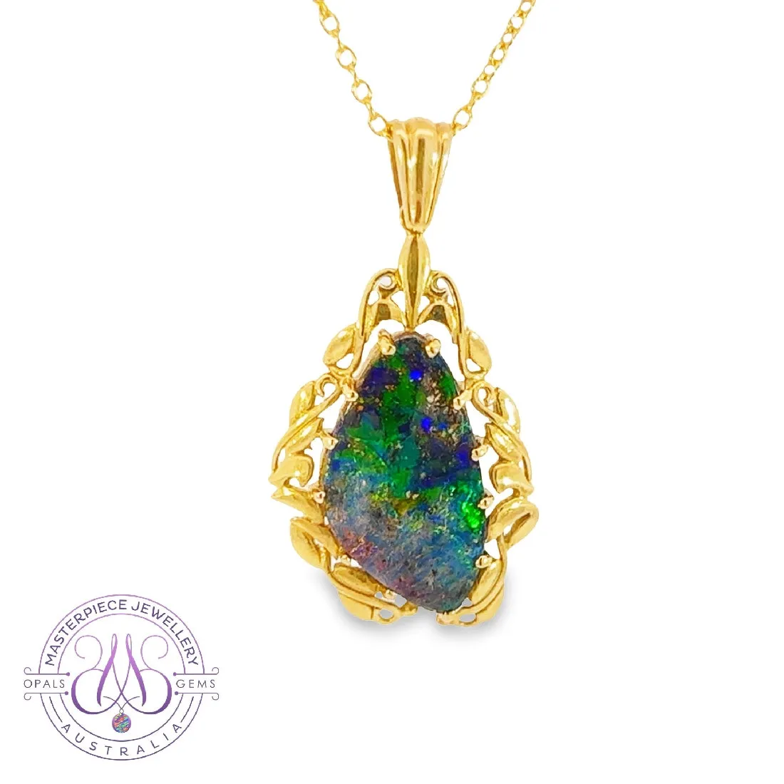 14Kt Yellow Gold Pendant - 4.86ct Boulder Opal, Dainty Heart Necklace, Birthstone Jewelry, Opal & Crystal Necklace, Perfect Gift for Her