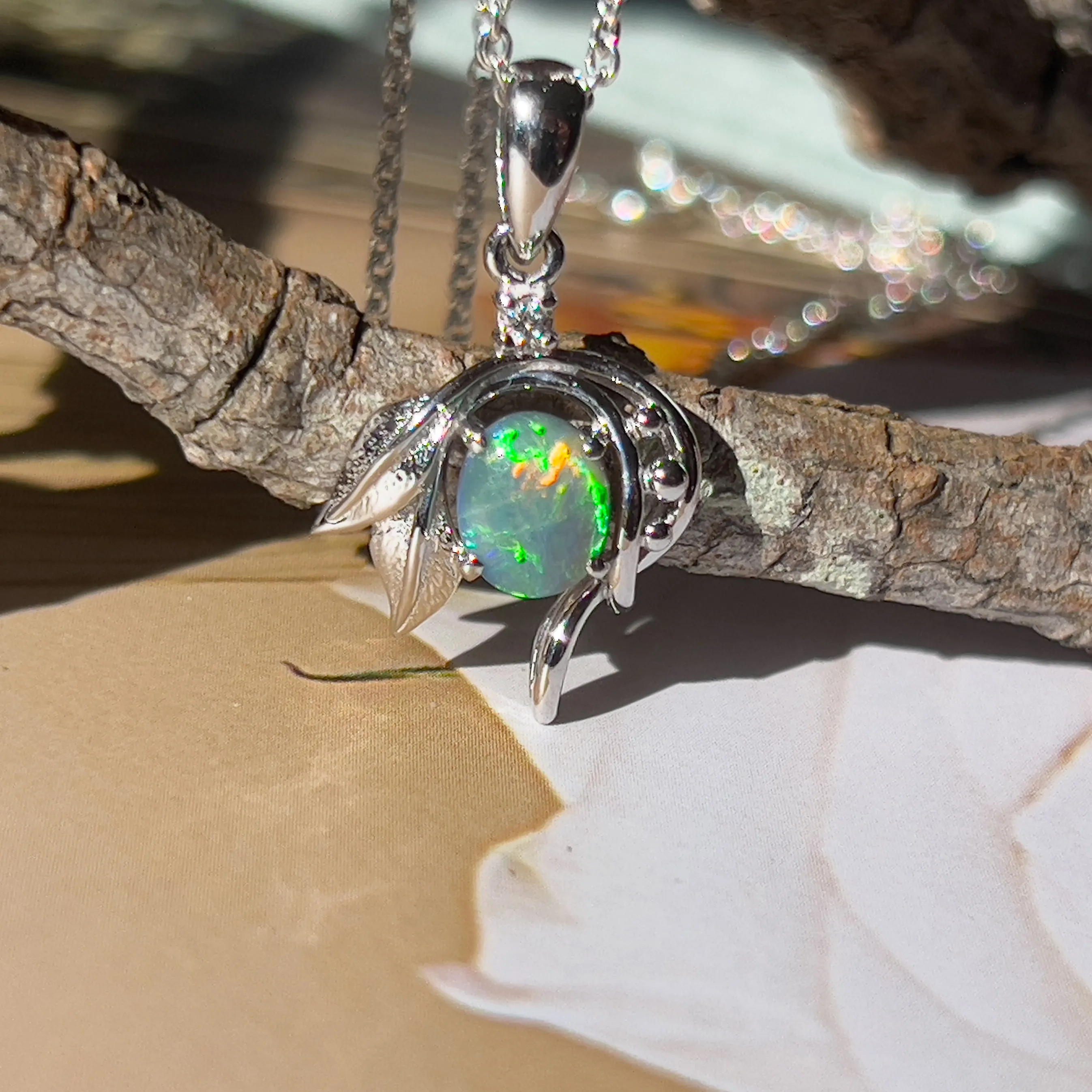 18Kt White Gold Leaf Motif Pendant - 0.74ct Black Opal, Elegant Minimalist Necklace, Perfect Crystal & Birthstone Gift for Her, Women's Necklace