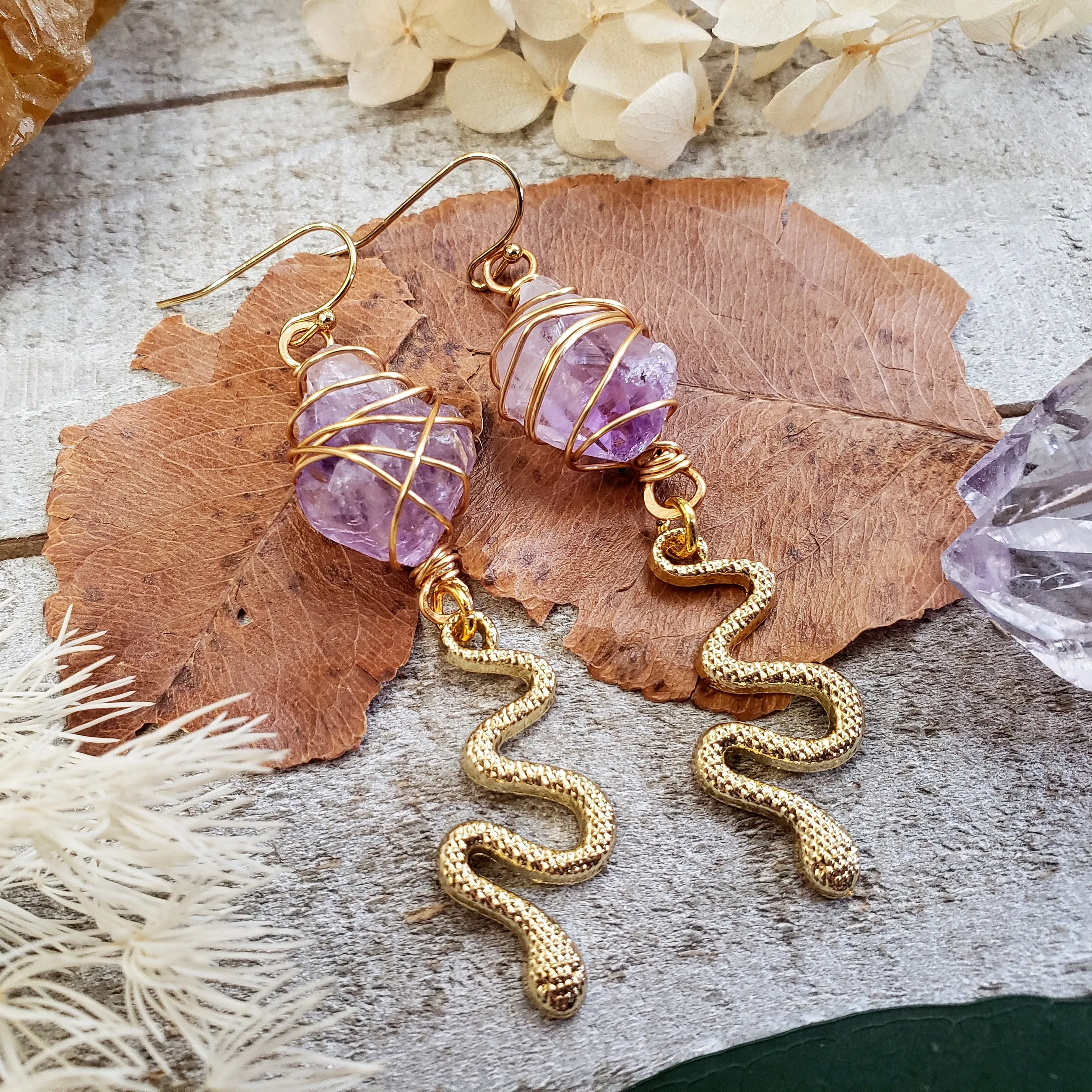 Athena amethyst snake earrings