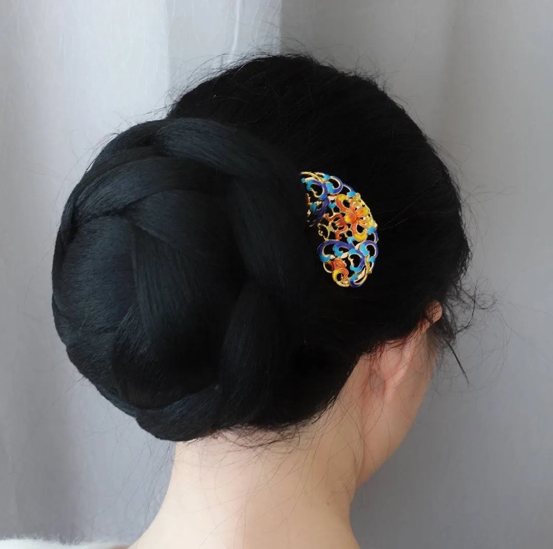Blue Orange Enamel Peony Hair Comb