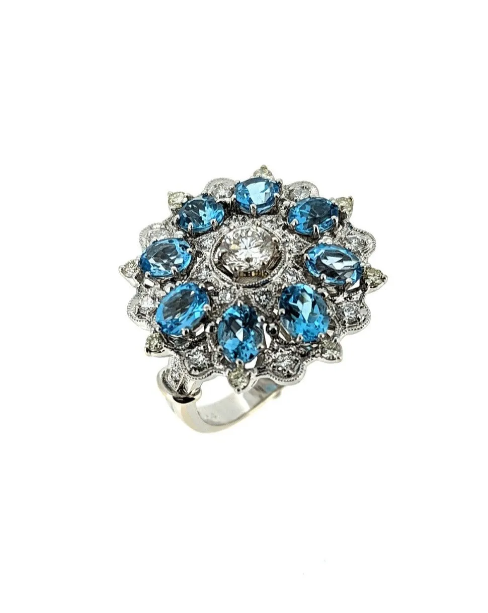 Blue Topaz Diamond Cocktail Ring in 18K White Gold