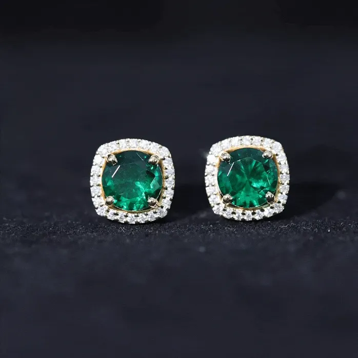 Created Emerald Halo Stud Earrings with Diamond