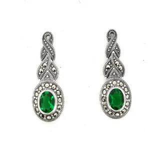 Emerald Green Earrings Silver Marcasite Oval Plait