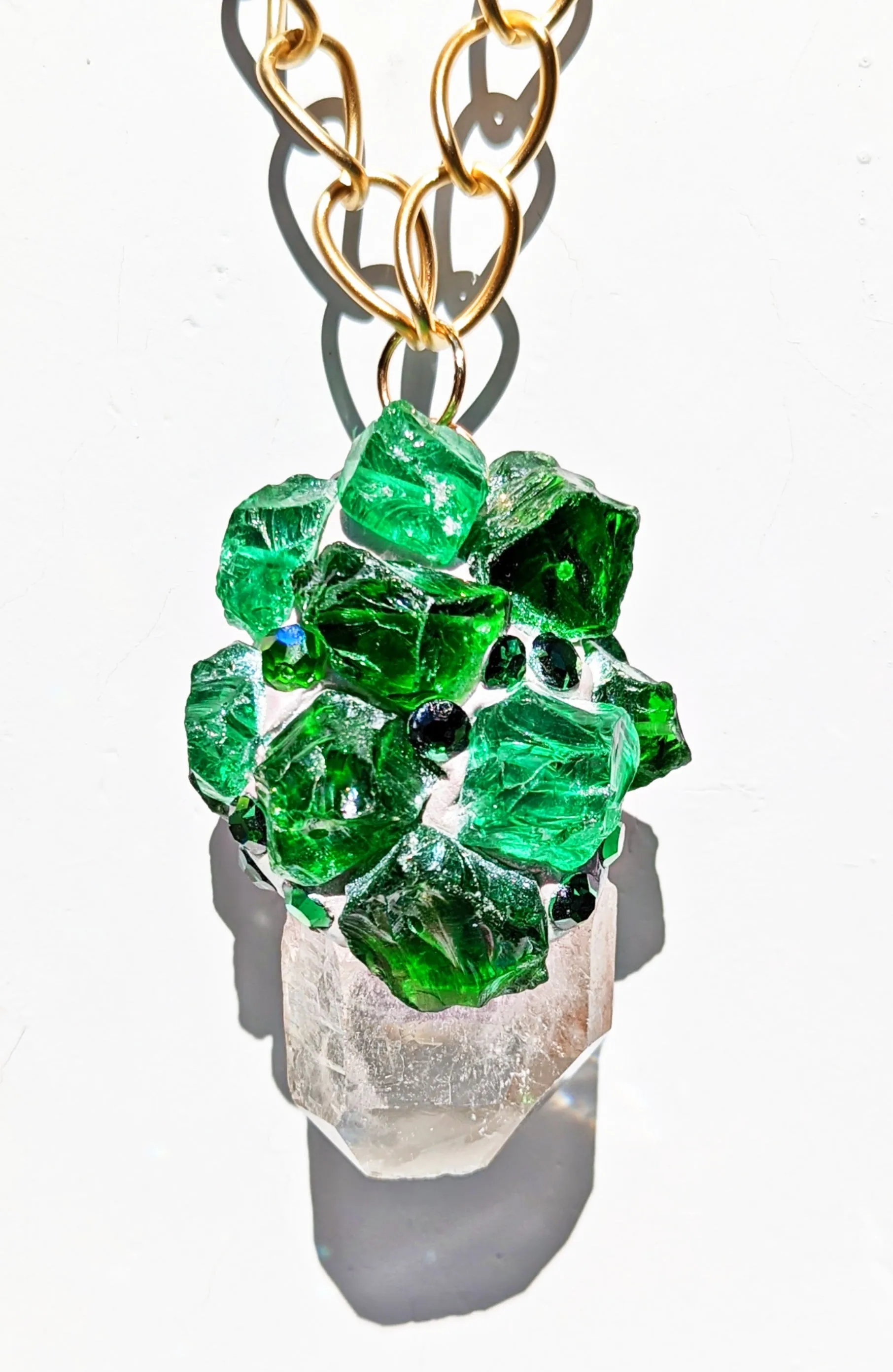 Faux Emeralds on a XL Quartz Pendant Necklace Gold Plate Chain Sugar Gay Isber WOW Jewelry