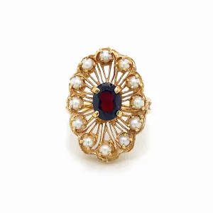 Floral Garnet Pearl Halo Wirework Ring, 14K Yellow Gold Vintage Circa 1970