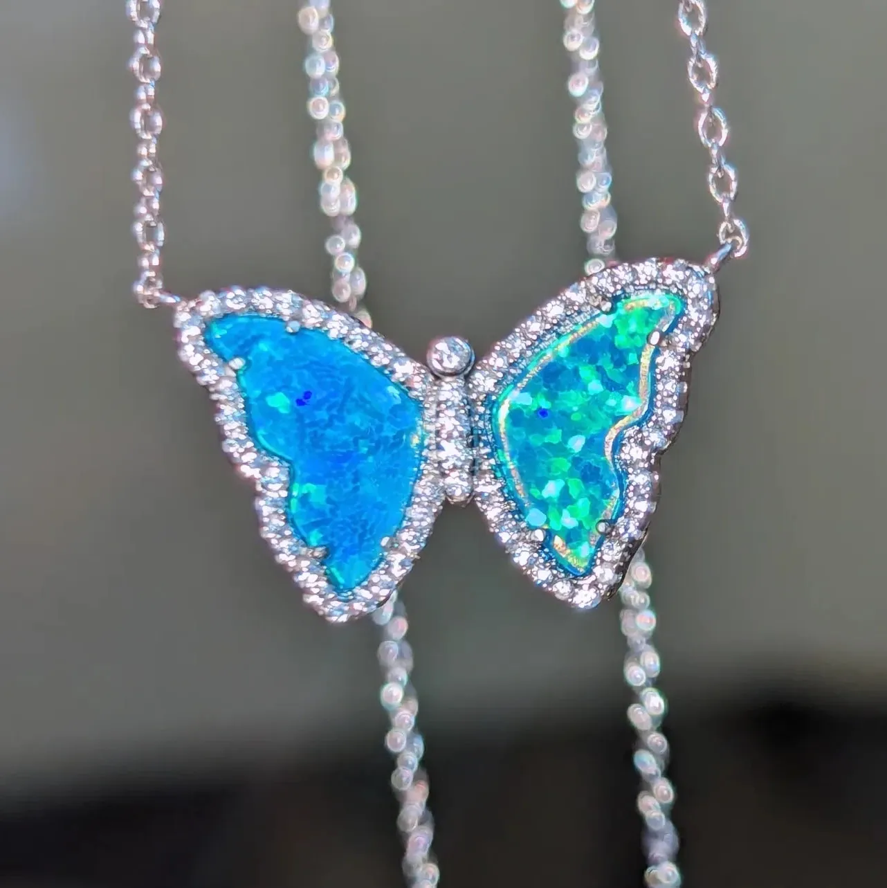Opal Butterfly Necklace With Crystals