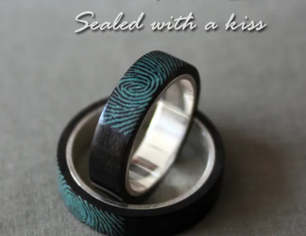 Original Design Wood Ring Fingerprint Handmade Walnut Silver Gift Custom Made Wooden Rings