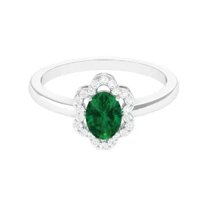 Oval Created Emerald Cocktail Flower Ring with Diamond Accent