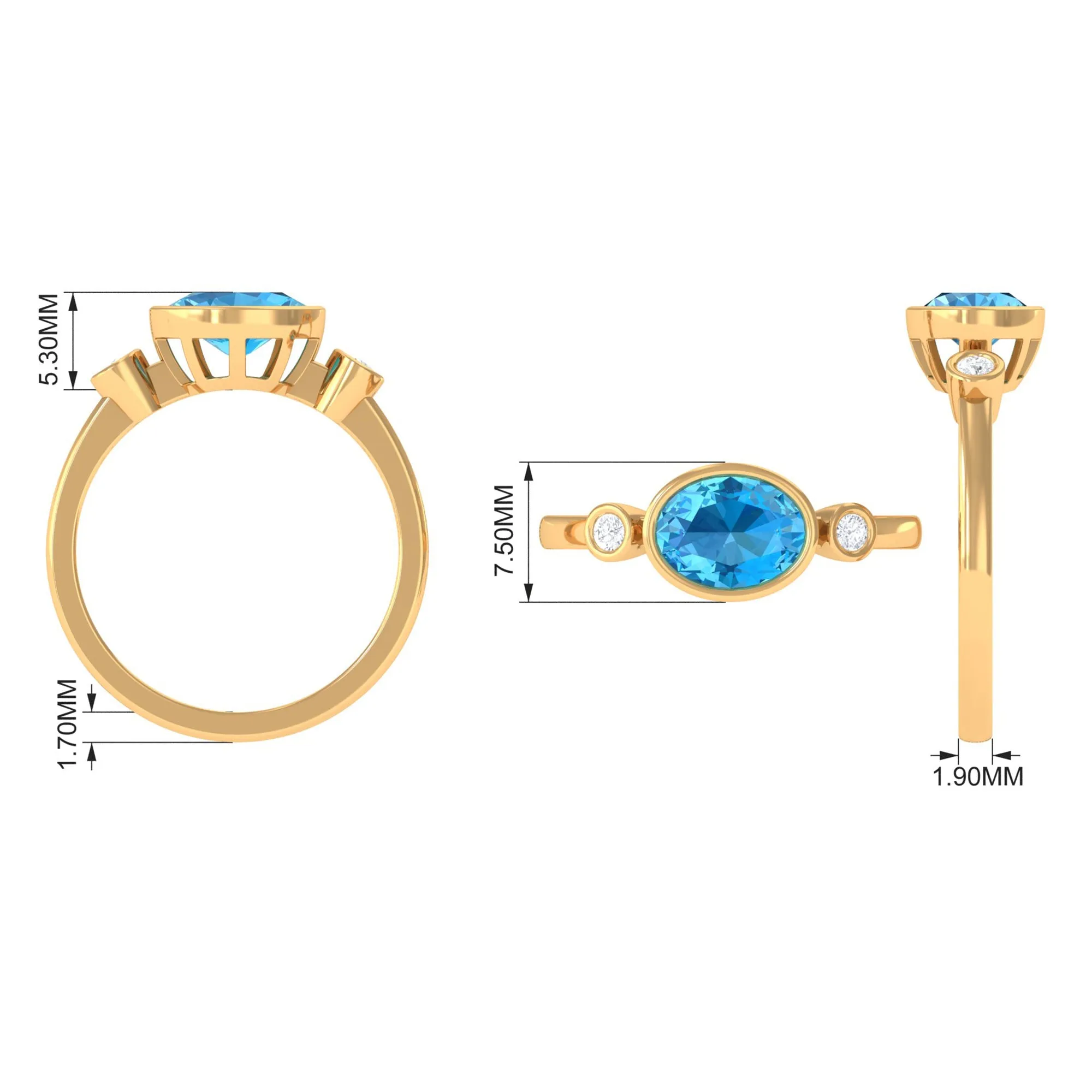 Oval Cut Swiss Blue Topaz Solitaire Ring with Diamond Stones