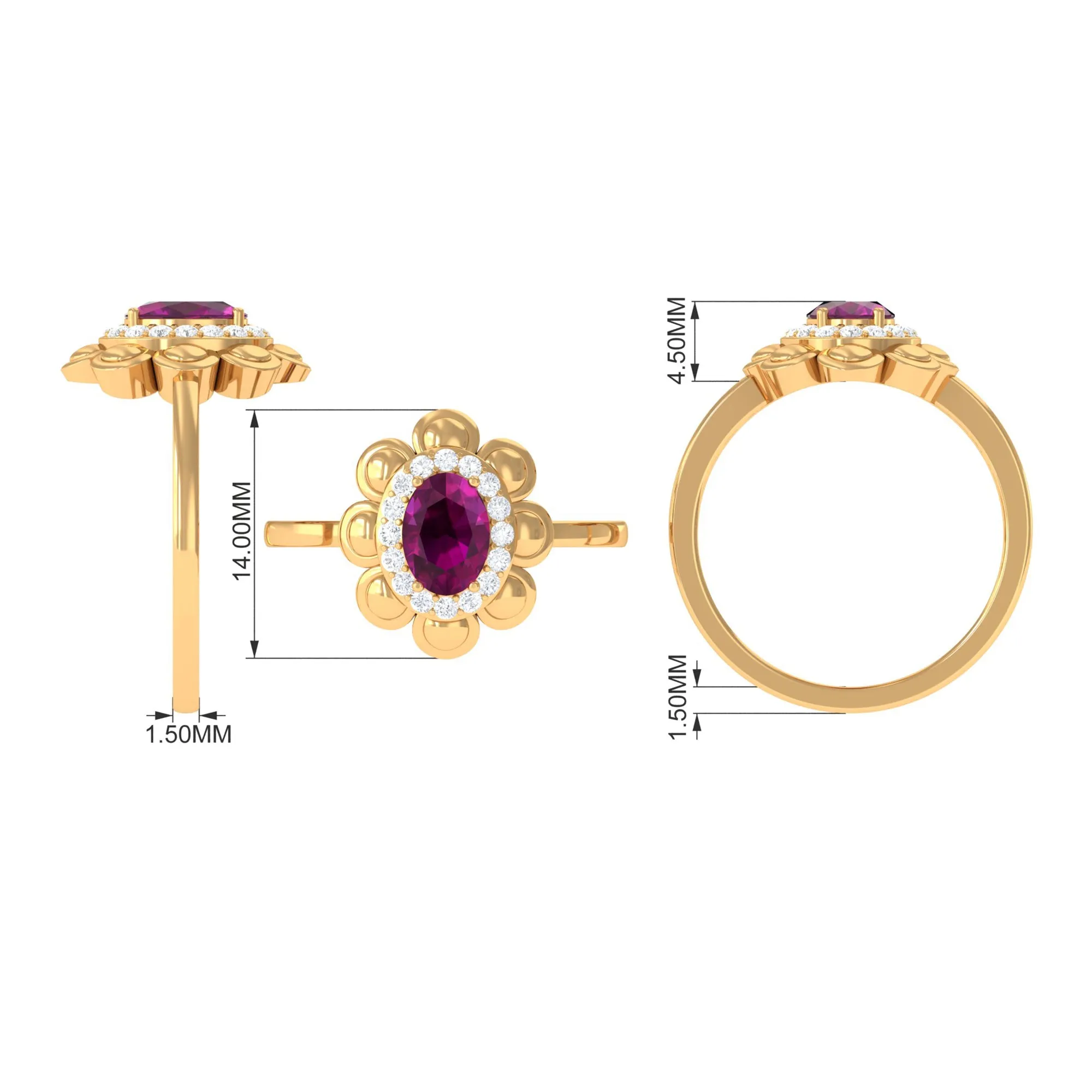 Oval Shape Rhodolite Flower Engagement Ring with Diamond Halo