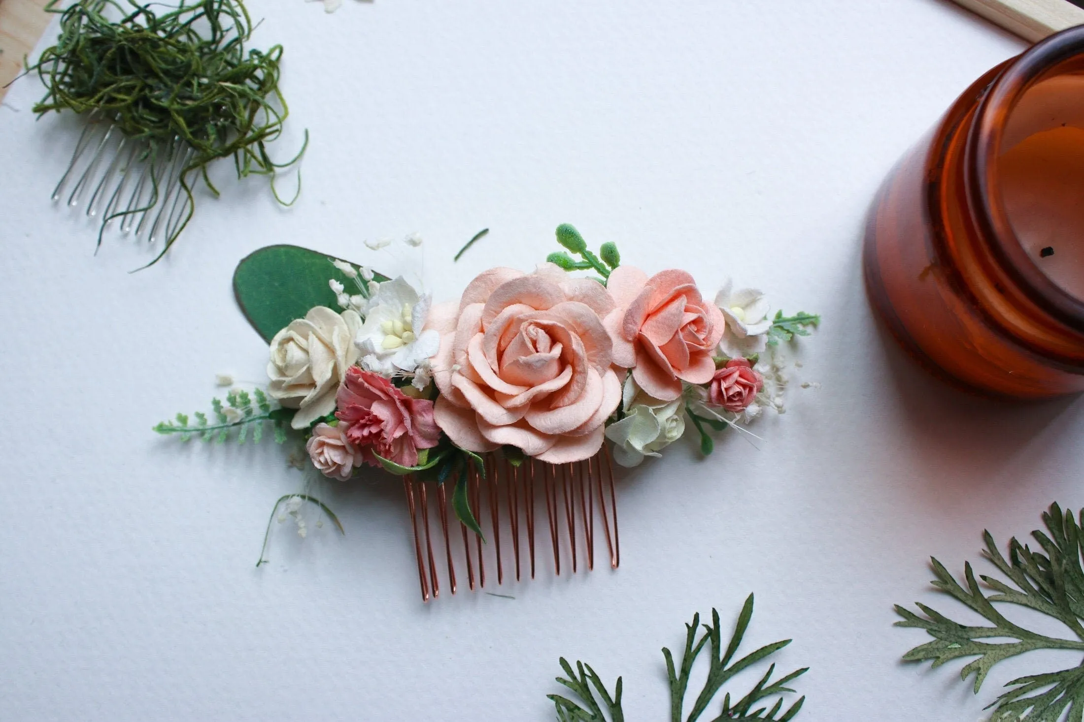 Peach hair comb, Peach Mulberry Paper Rose Wedding Comb, Rose Gold Bridal Hair Comb, wedding accessories, hair accessories