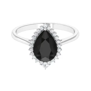 Pear Shaped Created Black Diamond and Diamond Halo Cocktail Ring