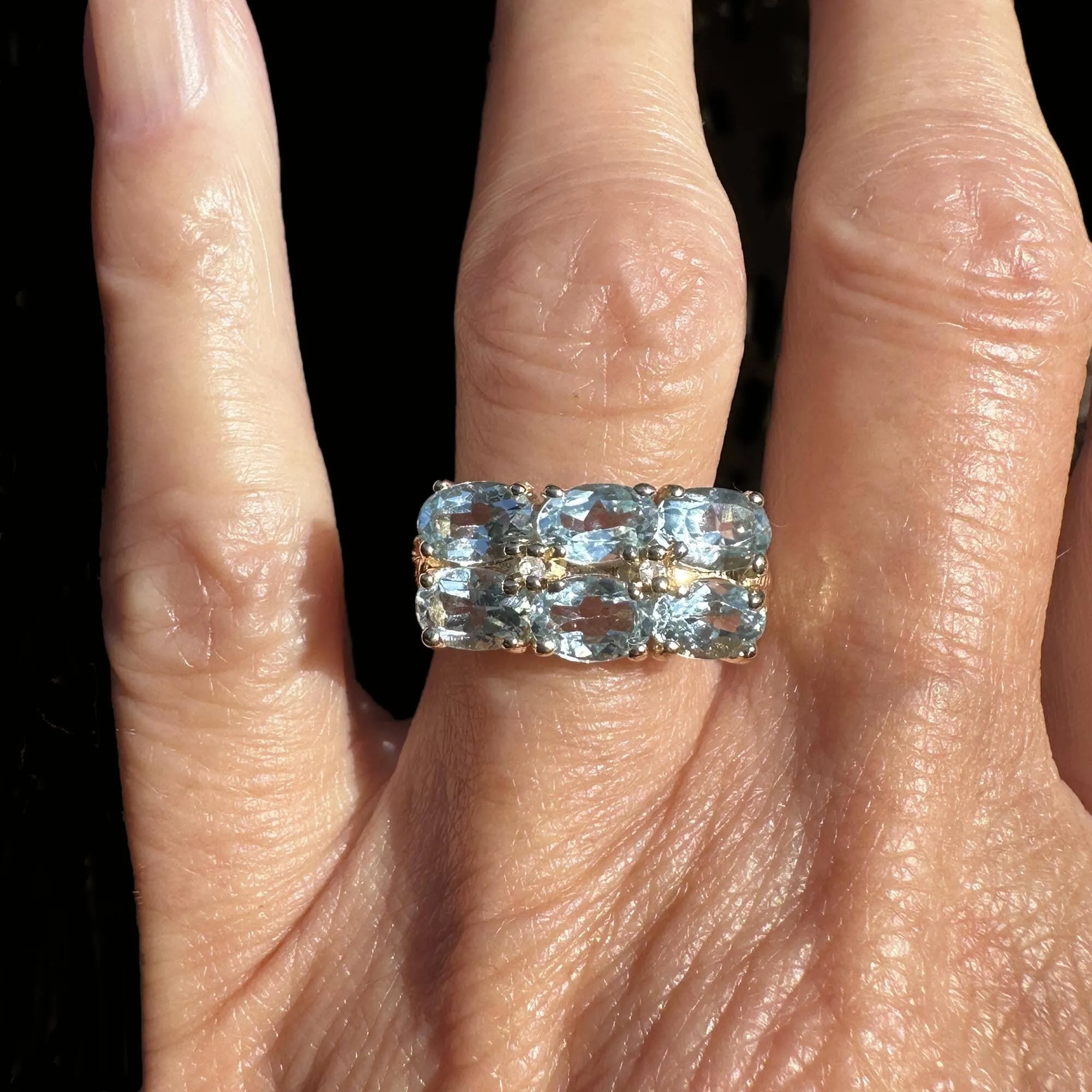 Vintage Double Row Icy Blue Topaz Ring w Diamonds