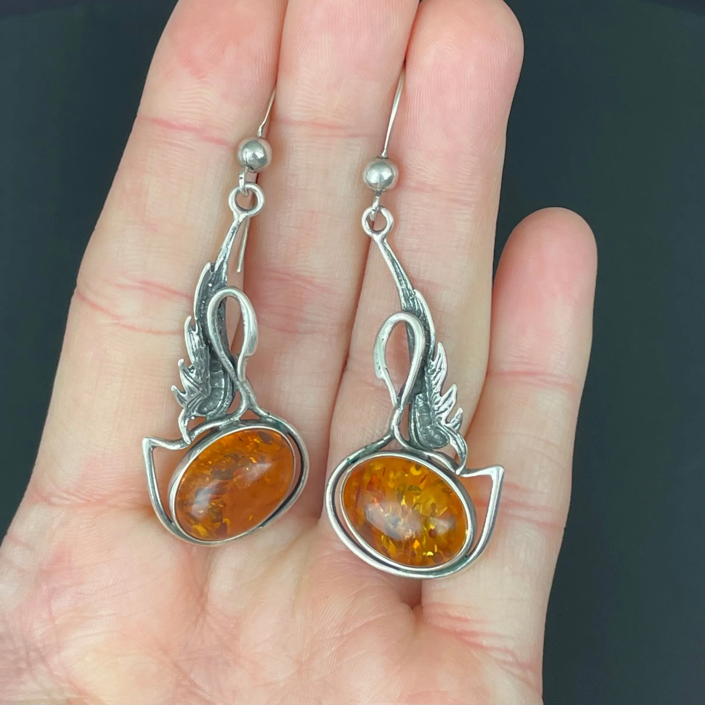 Vintage Silver Swan Amber Chandelier Earrings